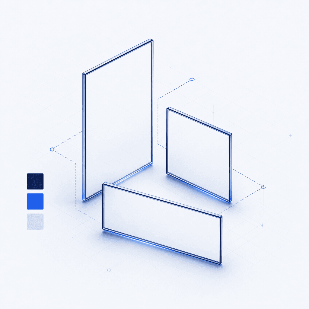 Abstract render of one approved edit derived into vertical, square, and widescreen formats with a fixed brand palette